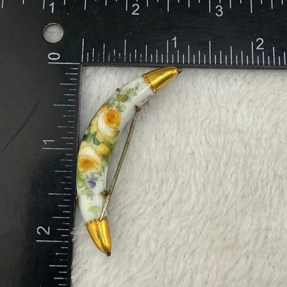Vintage Victorian Hand Painted Porcelain Brooch Crescent Moon Yellow Rose Floral